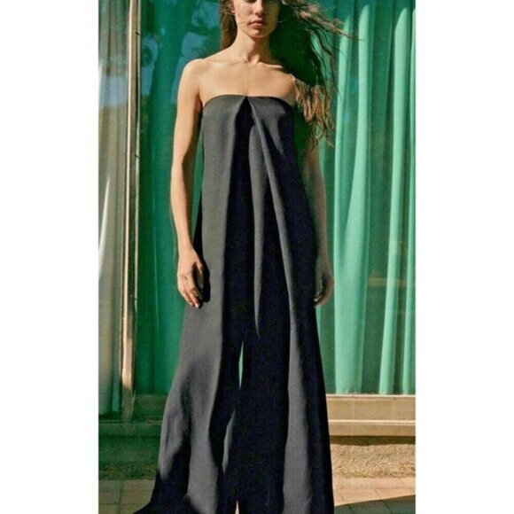 Zara Black Linen blend Super Wide Leg Strapless Jumpsuit  Blogger S - Picture 5 of 10